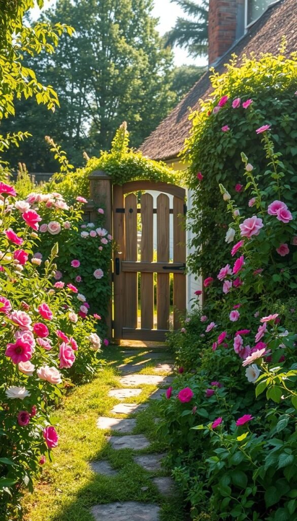 A quaint cottage garden in the warm afternoon sun, overflowing with vibrant blooms - an abundance of fragrant roses, hollyhocks, and cottage pinks framing a charming wooden gate. The lush, overgrown greenery spills onto a weathered stone path, leading the eye towards a cheerful, sun-dappled scene. Soft, diffused light filters through the surrounding trees, casting a gentle glow and creating an inviting, timeless atmosphere. The cottage's whitewashed walls and thatched roof peek out from behind the verdant foliage, completing the quintessential cottage garden aesthetic.