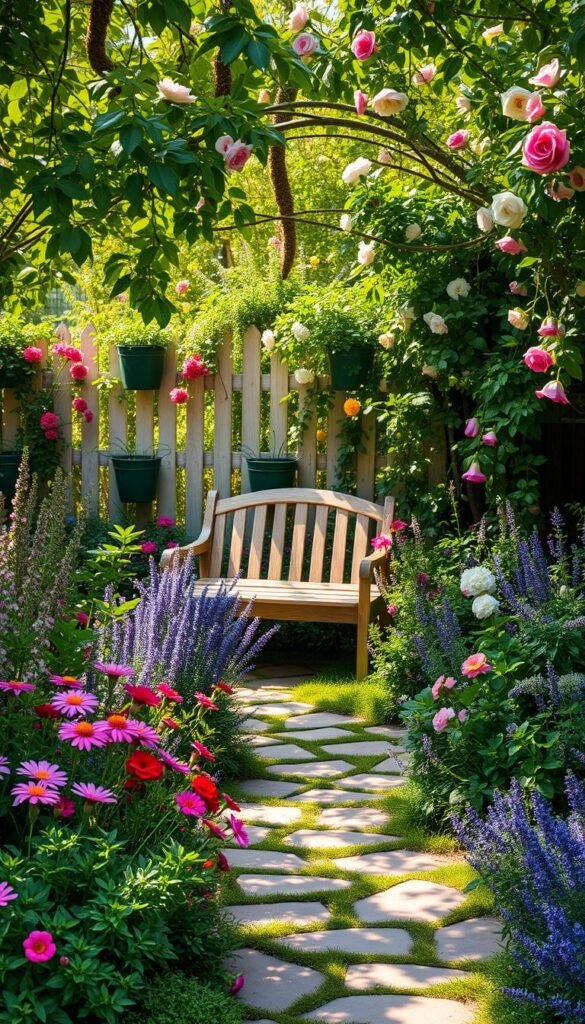 A quaint cottage garden layout, overflowing with lush foliage and vibrant blooms. In the foreground, a winding stone path meanders through a tapestry of perennials, from colorful cottage pinks to fragrant lavender. In the middle ground, a charming wooden bench nestles beneath a canopy of climbing roses, inviting visitors to pause and soak in the serene ambiance. The background features a picket fence, enveloped in a verdant tangle of vines and trailing flowers, creating a sense of enchantment. Dappled sunlight filters through the garden, casting a warm, golden glow and casting soft shadows across the scene. The overall composition evokes a harmonious balance between the natural and the cultivated, a tranquil oasis perfect for relaxation and contemplation.
