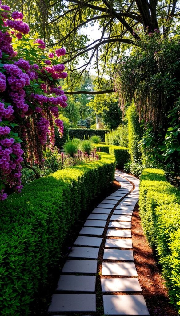 A quaint cottage garden path winds through a lush, vibrant landscape. Flagstone pavers line the walkway, framed by cascading blooms in warm shades of pink, purple, and yellow. Verdant hedges and towering perennials border the pathway, creating a sense of privacy and enchantment. Dappled sunlight filters through the canopy of trees, casting a gentle glow and casting soft shadows. The scene exudes a timeless, inviting atmosphere, beckoning visitors to explore the charming, well-tended cottage garden.