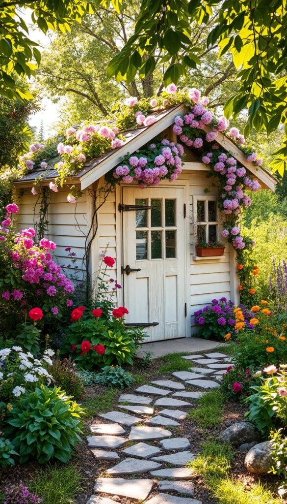 A quaint cottage garden shed nestled amidst a vibrant array of blooming flowers and lush greenery. The weathered wooden structure, painted in a soft, muted palette, blends seamlessly with the surrounding landscape. Climbing vines and trailing flower beds cascade over the shed's roof and walls, creating a charming, natural integration. Dappled sunlight filters through the foliage, casting a warm, golden glow and highlighting the rustic, textured details. In the foreground, a meandering stone path leads the viewer's eye towards the shed, inviting exploration. The overall scene exudes a sense of tranquility and rural idyll, perfectly capturing the essence of a cottage garden.