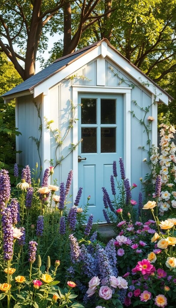 A quaint cottage garden shed nestled amidst lush foliage and vibrant blooms. The shed's exterior features a soft, pastel color palette, perhaps a muted blue or sage green, complemented by crisp white trim. Delicate floral vines crawl up the sides, adding a romantic, rustic charm. Sunlight filters through the nearby trees, casting gentle shadows and creating a warm, inviting atmosphere. The shed's wooden structure is framed by an abundance of cottage-style flowers, such as lavender, roses, and hollyhocks, in a harmonious color scheme of purples, pinks, and yellows. The overall scene evokes a sense of tranquility and the timeless beauty of a quintessential English country garden.