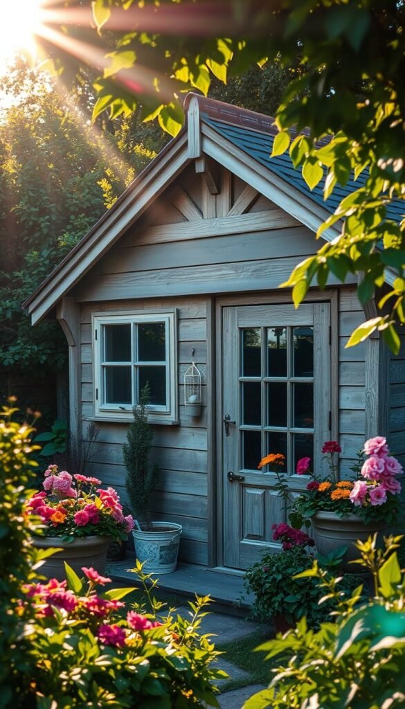 A quaint cottage garden shed nestled amidst lush greenery, its weathered wood and rustic charm complementing the surrounding flora. Sunlight filters through the leaves, casting a warm, golden glow over the scene. The shed's structure is a harmonious blend of traditional elements, such as a pitched roof, dormer windows, and natural wood siding, alongside more modern accents like metal hardware and a glass-paneled door. Colorful blooms spill from nearby planters, their vibrant hues adding pops of contrast. The overall atmosphere evokes a sense of tranquility and timeless elegance, perfectly suited for the charming cottage garden setting.