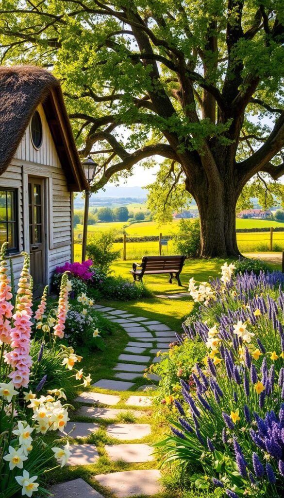 A quaint cottage nestled amidst a vibrant garden, its weathered wooden siding and thatched roof exuding a timeless charm. In the foreground, a lush array of blooming flowers in soft pastel hues - delicate foxgloves, cheerful daffodils, and fragrant lavender - arranged in meandering garden beds. A winding stone path leads the eye towards a rustic wooden bench, inviting one to pause and soak in the serene atmosphere. Dappled sunlight filters through the canopy of an ancient oak tree, casting a warm, golden glow over the scene. The background reveals a picturesque countryside, rolling hills dotted with wildflowers and the silhouette of a quaint village in the distance. An embodiment of the quintessential cottage garden aesthetic, evoking a sense of timeless tranquility.