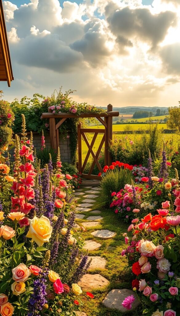 A quaint country cottage garden, overflowing with a vibrant tapestry of traditional blooms. In the foreground, a lush profusion of fragrant English roses, lavender, and hollyhocks. In the middle ground, a meandering stone path leads the eye through a bountiful display of colorful perennials - delphiniums, peonies, and foxgloves. The background features a rustic wooden fence entwined with cascading clematis vines, framing a picturesque countryside vista. Warm, golden sunlight filters through billowing clouds, casting a soft, romantic glow over the enchanting scene. The overall impression is one of charming, old-world elegance and natural abundance.