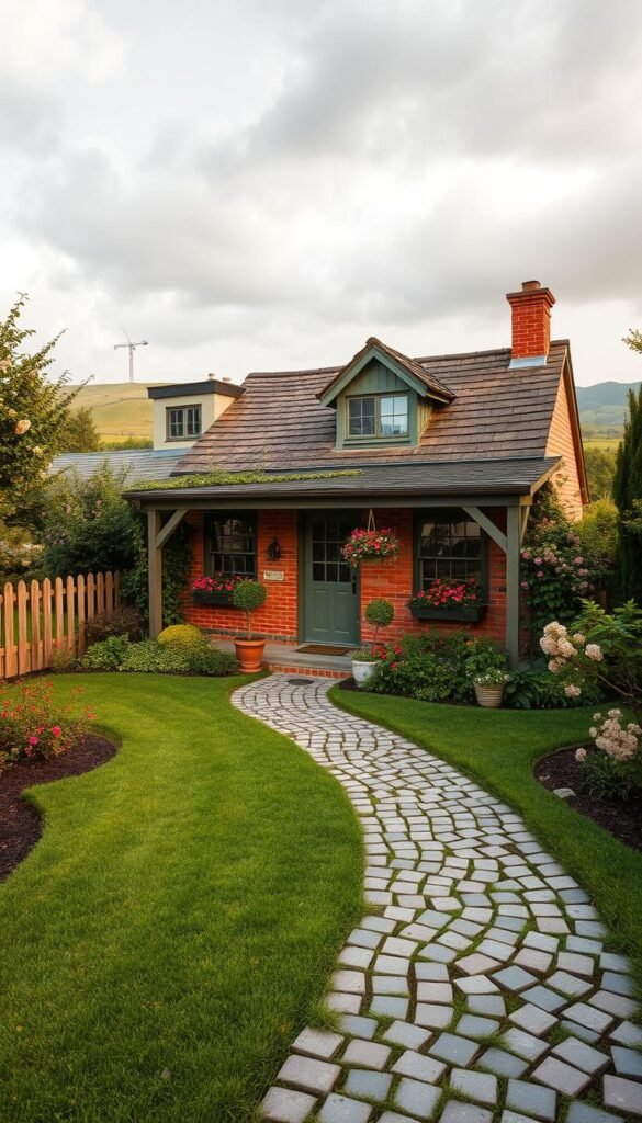 A quaint country cottage surrounded by lush gardens, with a charming front porch and well-maintained landscaping. The foreground features a neatly trimmed lawn, complemented by a path of cobblestones leading to the inviting entryway. Potted plants and hanging baskets adorn the porch, adding pops of color. The middle ground showcases a picket fence, adorned with climbing vines and blooming flowers. In the background, a picturesque hillside with a cloudy, soft-focus sky creates a serene, pastoral atmosphere. The lighting is warm and golden, lending a cozy, welcoming ambiance to the scene. Captured with a wide-angle lens to showcase the cottage's overall curb appeal.