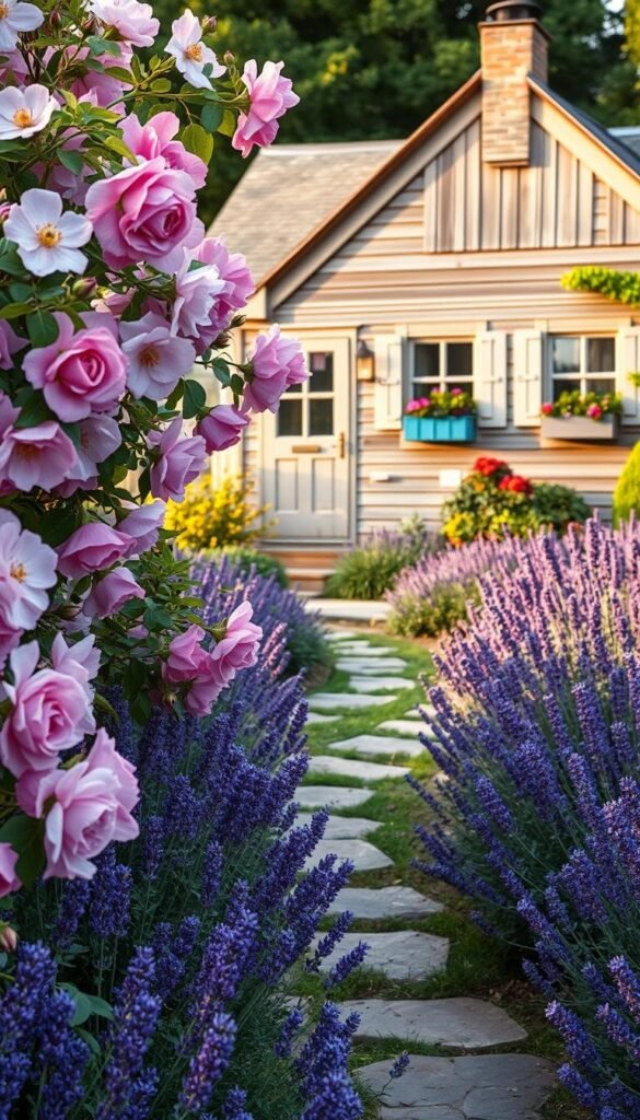 A quaint garden cottage nestled among lush climbing roses and a vibrant lavender border. The foreground showcases the delicate pink and purple blossoms, their petals dancing in a gentle breeze. In the middle ground, a winding stone path leads through the verdant foliage, inviting exploration. The background reveals a charming cottage, its weathered wooden walls and colorful window boxes adding to the cozy, nostalgic atmosphere. Soft, warm lighting filters through the scene, casting a golden glow and creating a sense of peaceful serenity. The overall composition evokes a timeless, romantic charm, perfectly suited to illustrate the "Choosing Ideal Plants and Flowers for Charm" section of the "Garden Cottage Aesthetic" article. A quaint garden cottage nestled among lush climbing roses and a vibrant lavender border. The foreground showcases the delicate pink and purple blossoms, their petals dancing in a gentle breeze. In the middle ground, a winding stone path leads through the verdant foliage, inviting exploration. The background reveals a charming cottage, its weathered wooden walls and colorful window boxes adding to the cozy, nostalgic atmosphere. Soft, warm lighting filters through the scene, casting a golden glow and creating a sense of peaceful serenity. The overall composition evokes a timeless, romantic charm, perfectly suited to illustrate the "Choosing Ideal Plants and Flowers for Charm" section of the "Garden Cottage Aesthetic" article.