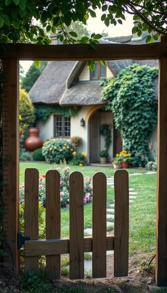 A quaint garden gate nestled in a lush, verdant landscape. The foreground showcases the gate's intricate wooden frame, with precise measurements marked along the posts and crossbeams. The middle ground features a well-tended flower bed, its vibrant colors creating a charming contrast. In the background, a picturesque country cottage with a thatched roof and climbing vines sets the scene. Soft, diffused natural lighting casts a warm, inviting glow, evoking a sense of tranquility and rustic elegance. The overall composition conveys the essence of a charming, hand-crafted garden entrance, ready to welcome visitors to the cozy cottage beyond.
