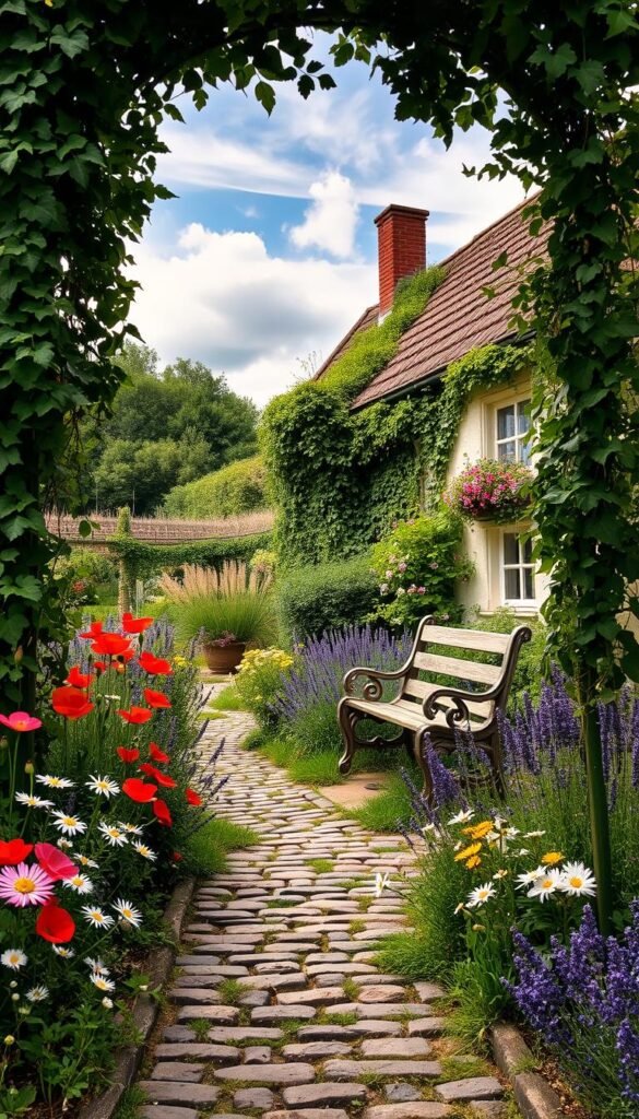 A quaint, idyllic cottage garden bursting with lush flora and serene charm. In the foreground, a cobblestone path winds through a tapestry of wildflowers - vibrant poppies, delicate daisies, and fragrant lavender. Towering, ivy-covered trellises frame the scene, casting a soft, dappled light across the tranquil setting. In the middle ground, a rustic wooden bench invites one to pause and bask in the cozy ambiance, surrounded by abundant greenery and the gentle sway of ornamental grasses. The background features a charming cottage, its weathered exterior adorned with cascading vines and cheerful window boxes spilling over with blooms. Wispy clouds drift overhead, completing the idyllic, pastoral atmosphere.