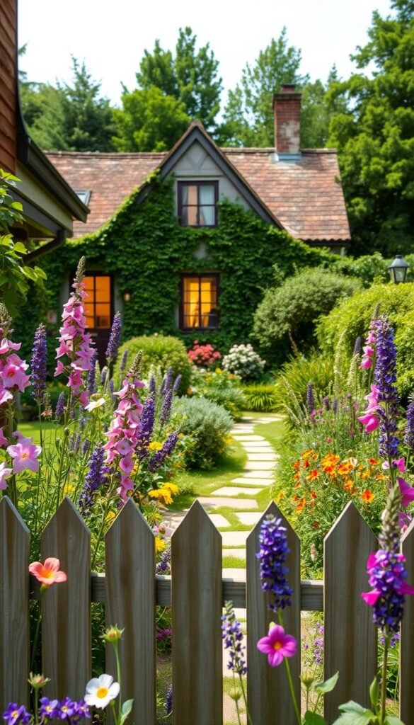 A quaint, sun-dappled cottage garden bursting with vibrant blooms and lush greenery. In the foreground, a charming wooden fence frames a vibrant tapestry of flowers - colorful delphiniums, fragrant lavender, and whimsical hollyhocks sway gently in a soft breeze. The middle ground showcases a meandering stone path leading to the cottage's weathered, ivy-clad facade, its windows glowing with warm, golden light. In the background, a lush backdrop of verdant trees and shrubs creates a sense of enclosure and privacy. The overall scene exudes a timeless, romantic atmosphere, capturing the essence of the quintessential cottage garden aesthetic.