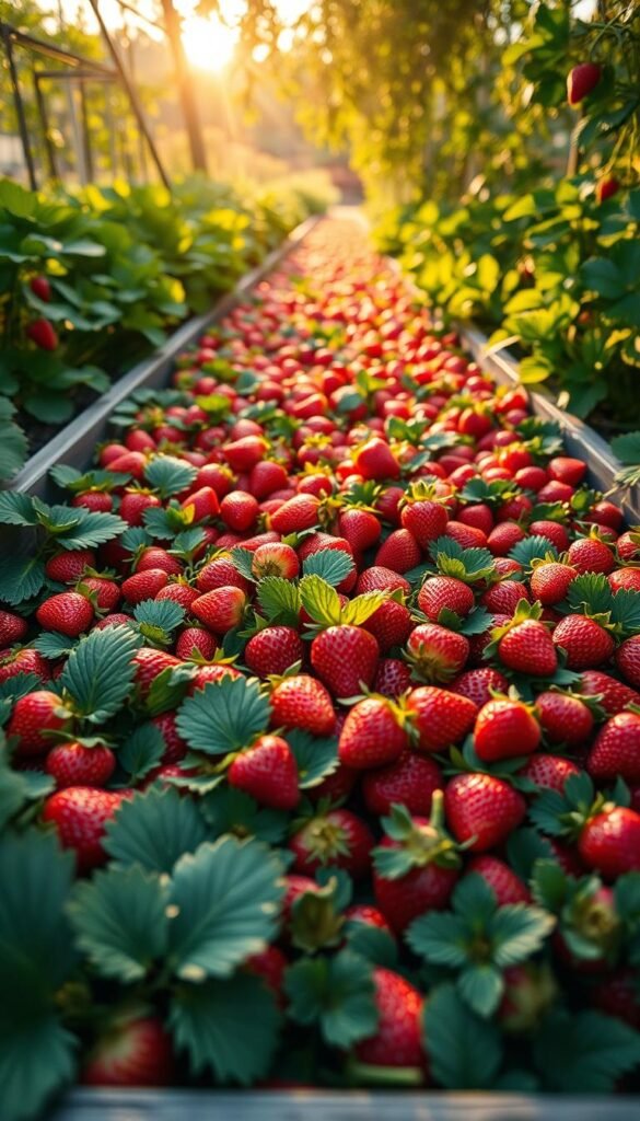 A raised garden bed brimming with lush, ripe strawberries of various cultivars, arranged in a visually striking and harmonious layout. The berries are clustered in neat rows, their vibrant red hues glistening under the warm, diffused sunlight that filters through a canopy of verdant foliage. The scene is captured from a low angle, emphasizing the waist-level comfort of the raised bed design. The overall composition conveys a sense of abundance, vitality, and the joy of homegrown, juicy strawberries.