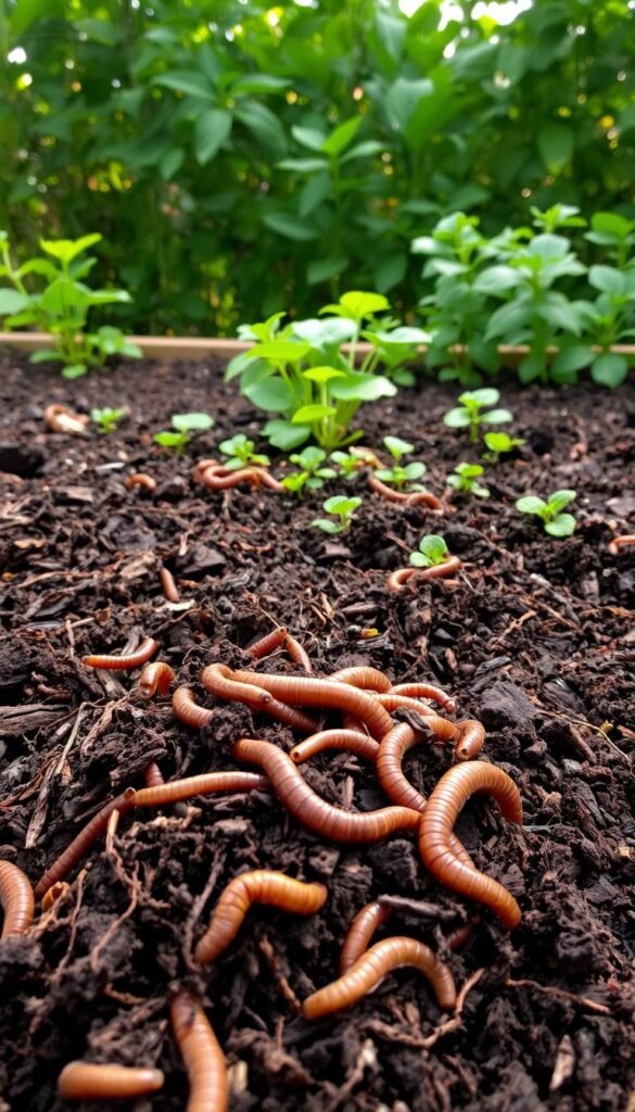 A raised garden bed filled with rich, dark soil and layers of decaying organic matter. In the foreground, a handful of freshly turned compost, its earthy aroma wafting through the air. In the middle ground, healthy earthworms burrow through the nutrient-dense mixture, while a variety of lush, green plants thrive in the well-nourished soil. The background features a backdrop of verdant foliage, casting a warm, natural glow over the scene. The lighting is soft and diffused, creating a serene, almost ethereal atmosphere that captures the essence of a thriving, sustainable garden ecosystem.