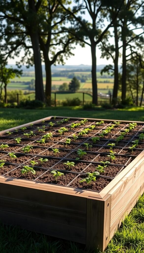 A raised garden bed layout with a well-designed grid of planting sections, illuminated by soft, natural lighting. The bed is constructed with sturdy, weathered wooden planks, positioned on a lush, verdant lawn. In the foreground, neatly organized rows of seedlings and small plants fill the individual sections, while the background features a tranquil, pastoral scene with towering trees and a distant horizon. The overall composition conveys a sense of order, productivity, and a connection to the natural world, making it an ideal visual representation for the "Designing Your Raised Bed Layout" section of the article.