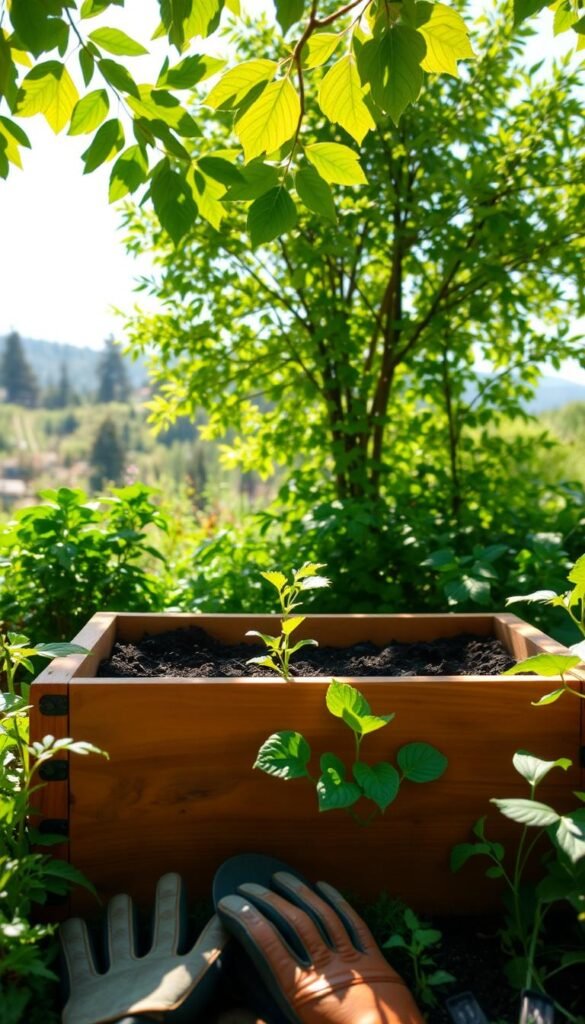 A raised garden bed nestled in a lush, verdant setting. The wooden frame, stained a warm, earthy tone, stands in contrast to the vibrant green foliage that surrounds it. Sunlight filters through the leaves, casting a gentle glow over the soil-filled bed, ready to nurture a bountiful harvest. In the foreground, a pair of gardening gloves and a trowel suggest the human touch that will guide this miniature oasis. The background features a picturesque backdrop of trees and a clear blue sky, hinting at the peaceful, natural atmosphere of the scene. A sense of tranquility and the promise of growth pervades the image, inviting the viewer to imagine the thriving plants and the joys of tending to a raised garden bed.