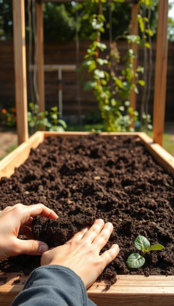 A raised garden bed with a sturdy trellis framework, the soil freshly tilled and amended with rich compost. In the foreground, a gardener's hands gently turning the soil, exposing the dark, crumbly texture. Mid-frame, the vertical supports of the trellis stand tall, ready to guide climbing vines. The background showcases a sun-dappled corner of the garden, hinting at the ideal lighting conditions for healthy plant growth. Warm, earthy tones set the mood, conveying a sense of diligent preparation for a bountiful vertical harvest.