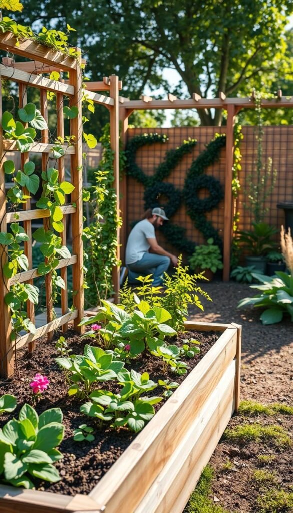 A raised garden bed with a trellis in the foreground, showcasing a thoughtfully planned vertical layout. The bed is filled with lush, vibrant greenery, including vines and climbing plants. In the middle ground, a gardener is kneeling, carefully arranging the plants and planning the layout. The background features a well-lit, sun-dappled garden setting, with a sense of tranquility and focus. The lighting is natural and soft, creating a warm, inviting atmosphere. The camera angle is slightly elevated, providing a birds-eye view of the scene, emphasizing the structured, organized nature of the vertical garden design.