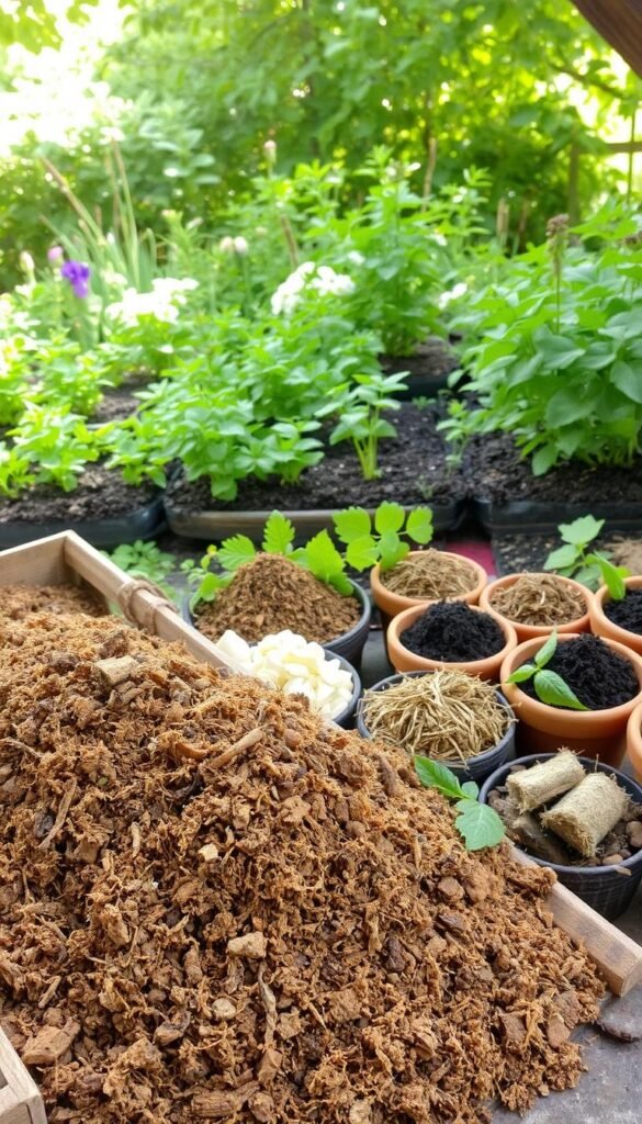 A rich, earthy arrangement of organic soil amendments in a rustic, natural setting. In the foreground, a medley of compost, peat moss, and aged manure spills out from a weathered wooden crate, its textures inviting touch. The middle ground showcases a variety of soil-enhancing additives - crushed eggshells, coffee grounds, and shredded leaves - neatly organized in clay pots. In the background, a lush garden bed filled with thriving plants, illuminated by soft, diffused natural light filtering through a canopy of verdant foliage. The overall scene conveys the importance of cultivating healthy, nutrient-dense soil to support a vibrant, flourishing English cottage garden. A rich, earthy arrangement of organic soil amendments in a rustic, natural setting. In the foreground, a medley of compost, peat moss, and aged manure spills out from a weathered wooden crate, its textures inviting touch. The middle ground showcases a variety of soil-enhancing additives - crushed eggshells, coffee grounds, and shredded leaves - neatly organized in clay pots. In the background, a lush garden bed filled with thriving plants, illuminated by soft, diffused natural light filtering through a canopy of verdant foliage. The overall scene conveys the importance of cultivating healthy, nutrient-dense soil to support a vibrant, flourishing English cottage garden.