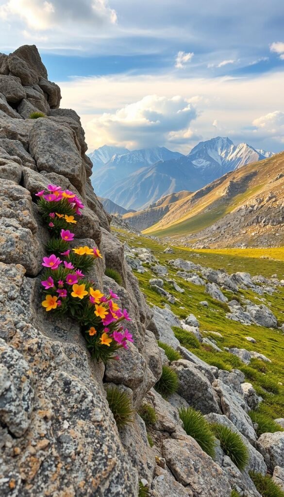 A rugged, wind-swept rocky slope, where resilient flowers defy the harsh terrain. In the foreground, clusters of vibrant, drought-resistant blooms cling to the weathered stone, their petals gently swaying in the mountain breeze. The middle ground reveals a patchwork of lush, low-growing ground cover, its verdant hues contrasting with the mottled gray rocks. Towering peaks rise in the distant background, their snow-capped summits bathed in warm, golden light filtering through wispy clouds. The scene exudes a sense of resilience and tranquility, showcasing the adaptability of nature in the face of adversity.