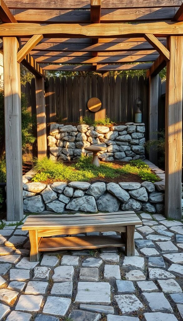 A rustic and weathered garden landscape, showcasing a charming arrangement of reclaimed wood and natural stone elements. In the foreground, a weathered wooden bench sits atop a mosaic of irregularly shaped stone pavers, casting warm, soft shadows. In the middle ground, a low stone wall encloses a lush, overgrown garden bed, its surface textured with a mix of mosses and lichens. Towering behind, a wooden pergola with aged, distressed beams and crosspieces frames the scene, casting dappled light and creating a cozy, nostalgic atmosphere. The overall composition evokes a sense of timeless, natural beauty, perfectly suited for the "Garden Cottage Aesthetic" and "Incorporating Natural Elements and Vintage Materials" theme. A rustic and weathered garden landscape, showcasing a charming arrangement of reclaimed wood and natural stone elements. In the foreground, a weathered wooden bench sits atop a mosaic of irregularly shaped stone pavers, casting warm, soft shadows. In the middle ground, a low stone wall encloses a lush, overgrown garden bed, its surface textured with a mix of mosses and lichens. Towering behind, a wooden pergola with aged, distressed beams and crosspieces frames the scene, casting dappled light and creating a cozy, nostalgic atmosphere. The overall composition evokes a sense of timeless, natural beauty, perfectly suited for the "Garden Cottage Aesthetic" and "Incorporating Natural Elements and Vintage Materials" theme.