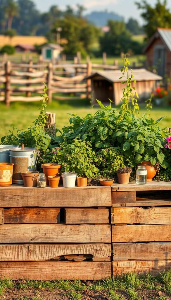 A rustic garden bed made from reclaimed materials, bathed in warm, natural light. In the foreground, a mosaic of weathered wooden pallets, their planks weathered and cracked, arranged in a raised, rectangular structure. Interspersed among the pallets, repurposed items like old metal buckets, terracotta pots, and glass jars, creating a textured, eclectic display. In the middle ground, lush, overgrown greenery spills out from the bed, a mix of trailing vines, leafy vegetables, and vibrant flowers. The background features a slightly blurred, pastoral scene, with a wooden fence, a distant shed, and a hazy sky, conveying a sense of tranquility and harmony. The overall composition exudes a rustic, upcycled aesthetic, inviting the viewer to imagine the creative possibilities of a garden bed made from reclaimed and unconventional materials.