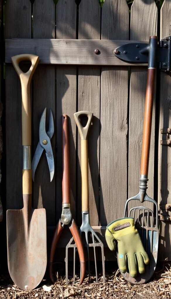 A rustic garden gate surrounded by an array of well-worn, time-honored tools. In the foreground, a spade, pruning shears, and a trowel rest against the weathered wooden slats, their worn handles and patinated metal hinting at years of faithful service. The middle ground reveals a rake and a pair of gardening gloves, the soft leather and sturdy tines ready to tackle the tasks at hand. In the background, the gate itself stands proud, its wrought-iron hinges and latch casting intriguing shadows in the soft, natural lighting. An aura of timeless craftsmanship and enduring functionality permeates the scene, inviting the viewer to envision the process of creating a quaint, charming garden entrance.