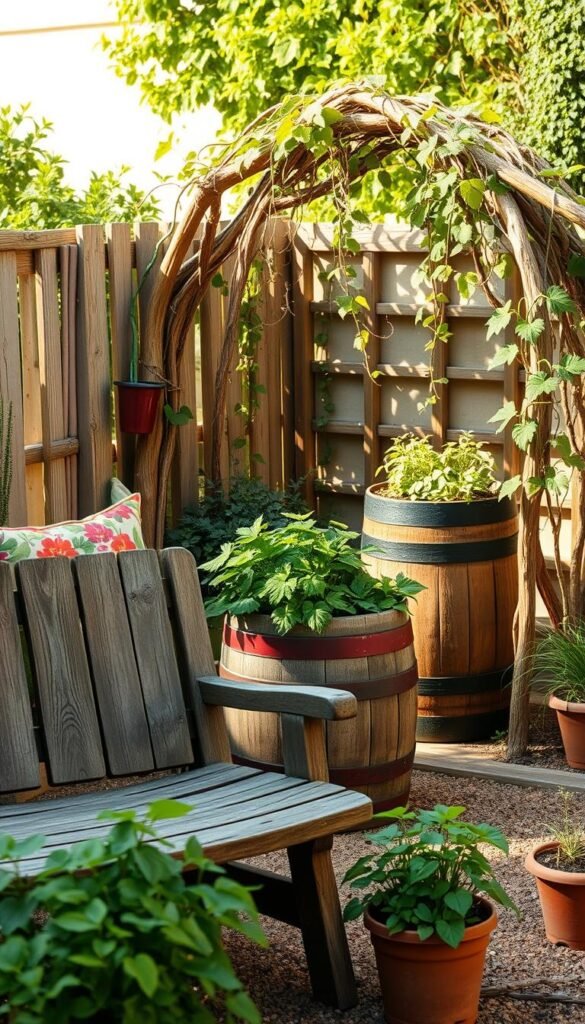 A rustic garden oasis with artfully upcycled furniture pieces. In the foreground, a weathered wooden bench adorned with vibrant floral cushions, surrounded by lush potted plants. The middle ground features a repurposed barrel converted into a charming planter, its contents spilling over the sides. In the background, a quirky garden arch constructed from twisted branches supports a cascade of climbing vines, casting gentle shadows. Warm, natural lighting illuminates the scene, evoking a serene, inviting atmosphere. Attention to detail and a harmonious color palette create a truly personalized, sustainable outdoor haven.
