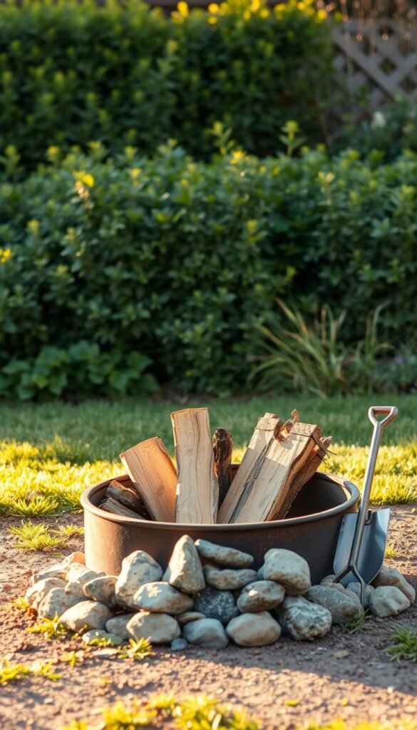 A rustic outdoor scene featuring a neatly arranged collection of DIY fire pit materials in the foreground. In the middle ground, a lush, verdant garden backdrop sets the stage, hinting at the cozy, backyard ambiance. Warm, golden lighting illuminates the arrangement, casting soft shadows and adding depth. The materials include a metal fire pit ring, a stack of seasoned firewood, a pile of river stones, and a few simple tools like a shovel and tongs. The overall composition conveys a sense of simplicity, functionality, and an inviting atmosphere perfect for an evening gathering around a handcrafted fire pit.