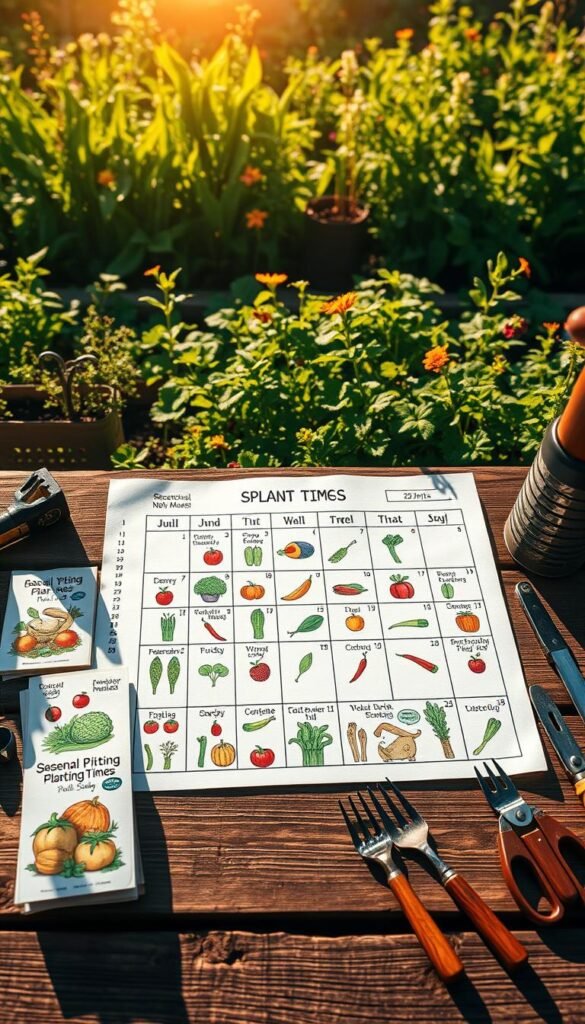 A seasonal garden planting schedule, neatly arranged on a rustic wooden surface. In the foreground, various seed packets and gardening tools are displayed, casting long shadows that add depth and texture. The middle ground showcases a hand-drawn calendar outlining the optimal planting times for a variety of vegetables, with vibrant illustrations of each crop. In the background, a lush, verdant garden scene with flourishing plants bathed in warm, golden light, creating a sense of abundance and productivity. The overall composition conveys a harmonious, organized, and inspiring vision for efficient, year-round gardening.