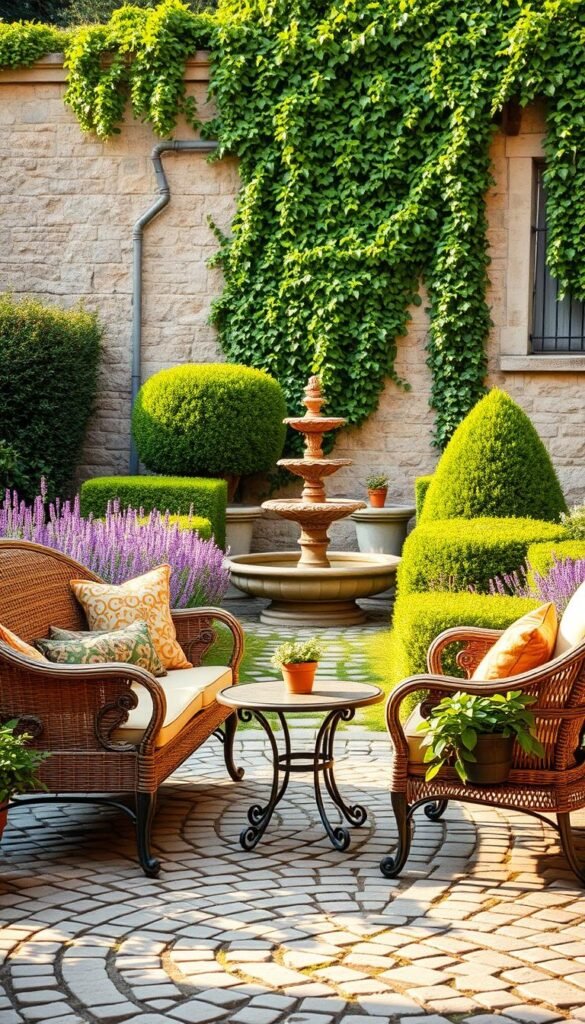 A serene French garden scene, bathed in warm, golden afternoon light. In the foreground, classic rattan and wrought iron furniture - a loveseat, armchairs, and a small round table, adorned with lush potted plants and intricate ironwork detailing. The middle ground features a cobblestone path leading towards a charming stone fountain, surrounded by neatly trimmed hedges and vibrant flowers in shades of lavender, pink, and white. In the background, a stone wall is draped with cascading vines, creating a picturesque, timeless ambiance reminiscent of a quaint Provençal estate.