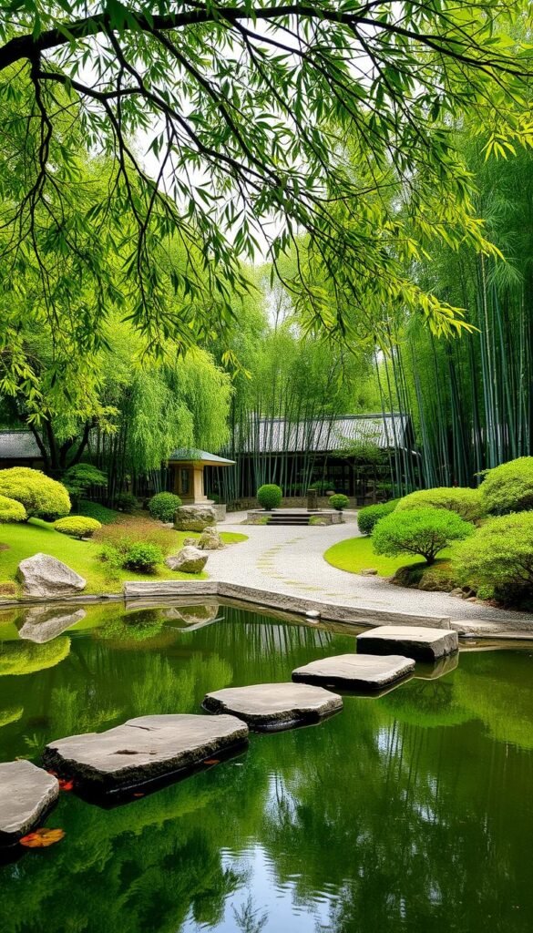 A serene Japanese garden landscape, captured with a wide-angle lens to showcase its core elements. In the foreground, a tranquil pond reflects the overhanging branches of a graceful Japanese maple. Stepping stones lead the viewer's gaze across the water, inviting exploration. In the middle ground, a meticulously raked gravel path winds between carefully placed boulders and the delicate foliage of carefully pruned shrubs. The background features a lush bamboo grove, its tall, swaying stems creating a natural screen that evokes a sense of peaceful seclusion. Soft, diffused lighting casts gentle shadows, imbuing the scene with a calming, meditative atmosphere.