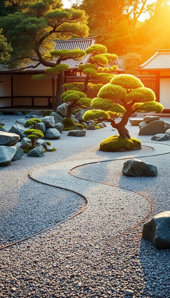 A serene Japanese zen garden, with carefully raked gravel paths winding through a landscape of carefully curated rocks, moss, and a single majestic bonsai tree. The scene is bathed in warm, golden natural light, captured through a wide-angle lens that emphasizes the harmonious composition and timeless aesthetic principles. The overall mood is one of tranquility, balance, and a deep appreciation for the beauty of simplicity and the natural world.