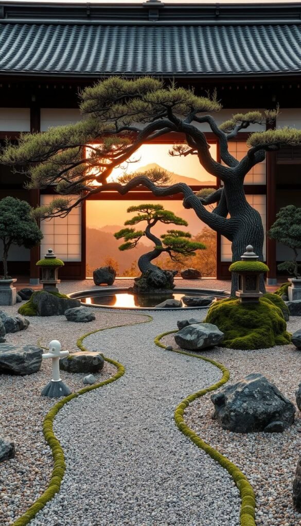 A serene Japanese zen garden, with carefully raked gravel paths winding through meticulously placed boulders and moss-covered stone lanterns. In the middle ground, a tranquil pond reflects the overhanging branches of a ancient bonsai tree. In the background, a traditional shoji screen frames a mountainous landscape, bathed in the warm glow of a setting sun. The scene evokes a timeless sense of harmony, balance, and contemplation - the essence of the zen philosophy.