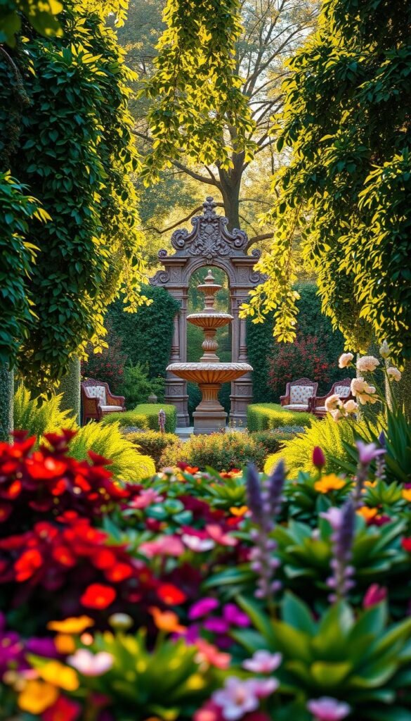 A serene and beautifully composed garden scene, featuring a striking focal point. In the foreground, a carefully curated arrangement of lush, vibrant plants and flowers in a harmonious color palette. The middle ground showcases a stunning sculptural element, perhaps a ornate fountain or an intricate stone arch, drawing the eye and creating a sense of balance and structure. The background frames this central focus with a backdrop of verdant foliage, dappled sunlight filtering through the leaves. The entire scene is bathed in warm, golden lighting, evoking a sense of tranquility and timeless elegance. The composition is both visually striking and meticulously designed, creating a sense of order and intentionality amidst the natural growth. A serene and beautifully composed garden scene, featuring a striking focal point. In the foreground, a carefully curated arrangement of lush, vibrant plants and flowers in a harmonious color palette. The middle ground showcases a stunning sculptural element, perhaps a ornate fountain or an intricate stone arch, drawing the eye and creating a sense of balance and structure. The background frames this central focus with a backdrop of verdant foliage, dappled sunlight filtering through the leaves. The entire scene is bathed in warm, golden lighting, evoking a sense of tranquility and timeless elegance. The composition is both visually striking and meticulously designed, creating a sense of order and intentionality amidst the natural growth.