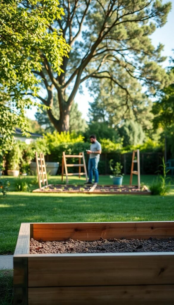 A serene backyard garden, the focal point a well-designed raised wooden planter bed in the foreground. The planter's timber construction and layout are clearly visible, showcasing its practical functionality. In the middle ground, a meticulous assessment of the available garden space is depicted, with a person examining the area and making notes. The background features lush greenery, mature trees, and a clear blue sky, creating a calming, naturalistic atmosphere. Soft, natural lighting illuminates the scene, highlighting the textures of the wood and the vibrant foliage. The overall composition conveys a sense of thoughtful planning and consideration for optimal garden space utilization.