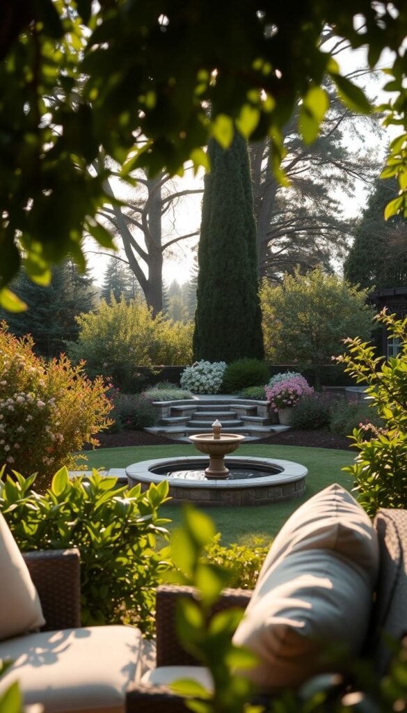 A serene backyard oasis, bathed in the gentle glow of a late afternoon sun. In the foreground, a cozy seating area with plush outdoor furniture, surrounded by lush, verdant foliage. The middle ground features a tranquil water feature, perhaps a small pond or fountain, creating a soothing ambiance. In the background, a well-manicured garden with a variety of blooming flowers and towering trees, providing a sense of privacy and escape. The overall mood is one of relaxation and harmony, inviting the viewer to imagine themselves in this peaceful retreat, away from the hustle and bustle of everyday life.