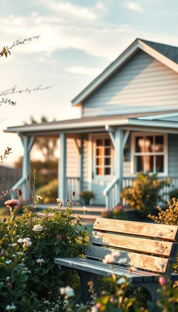 A serene color palette of soft pastel hues and cool tones, illuminated by warm, diffused natural light. In the foreground, a tranquil garden scene with lush greenery, delicate floral accents, and a weathered wooden bench. The middle ground features a charming cottage-style home, its exterior painted in muted shades of blue and gray, with a welcoming porch and inviting windows. In the background, a hazy, azure sky dotted with wispy clouds, creating a calming and peaceful atmosphere. The overall composition evokes a sense of comfort, relaxation, and harmony, perfectly capturing the essence of a serene outdoor oasis.