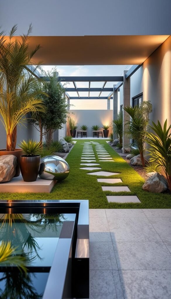 A serene contemporary garden oasis with clean lines, minimalist design, and a harmonious blend of natural and man-made elements. In the foreground, a sleek metal and glass water feature reflects the soft ambient lighting, while sculptural potted plants and strategically placed boulders create a sense of balance. The middle ground features a lush, low-maintenance ground cover punctuated by thoughtfully placed stepping stones, leading the eye towards a modern pergola or trellis structure in the background, framing a view of the sky. The overall atmosphere is one of tranquility and understated elegance, showcasing the modern garden's emphasis on simplicity, functionality, and a seamless integration with the surrounding environment.