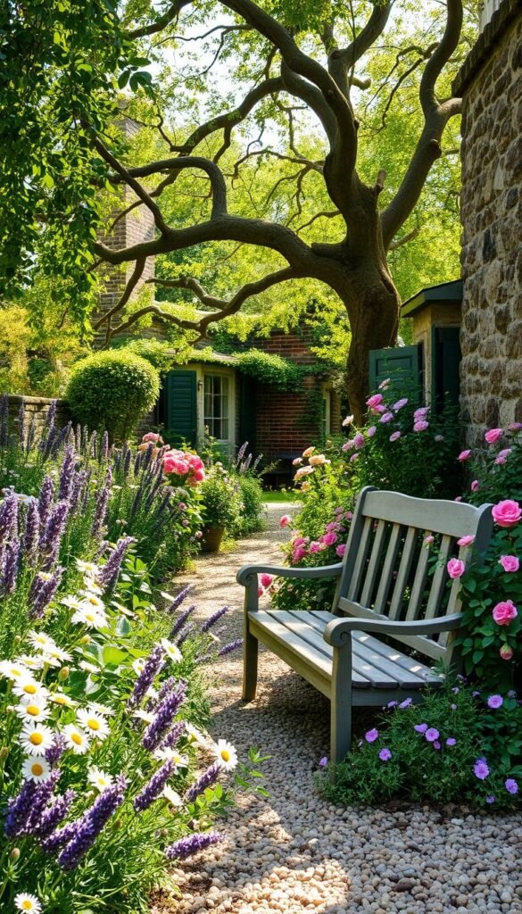 A serene cottage garden bursting with lush, overgrown blooms. In the foreground, a weathered wooden bench nestled amidst a riot of wildflowers - daisies, lavender, and rambling roses. Dappled sunlight filters through the canopy of a gnarled apple tree in the middle ground, casting soft shadows on the pebbled path. In the background, a moss-covered stone wall frames the scene, hinting at the timeless charm of this enchanting retreat. The overall atmosphere is one of rustic tranquility, inviting the viewer to slow down, breathe deeply, and immerse themselves in the timeless allure of this cottage garden oasis.