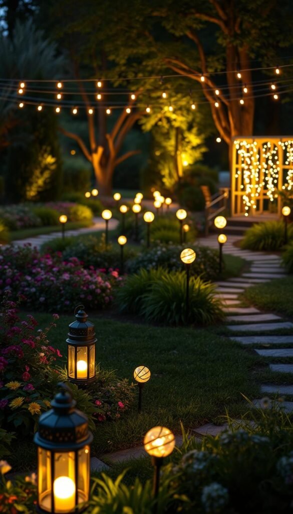 A serene garden illuminated by the warm glow of solar-powered lights. In the foreground, elegant solar lanterns cast a soft, ambient light upon lush flower beds and winding garden paths. The middle ground features a variety of solar garden stakes with delicate, illuminated orbs that dot the landscape, creating a whimsical, fairy-like atmosphere. In the background, solar-powered string lights are strung between trees and trellises, casting a gentle, twinkling light that dances across the scene. The overall mood is one of tranquility and enchantment, as the natural world is beautifully enhanced by the sustainable, renewable power of the sun.