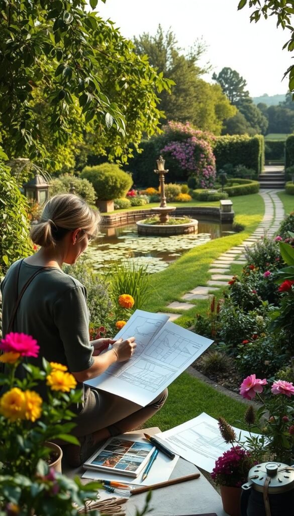 A serene garden, its lush greenery and vibrant flora illuminated by soft, natural lighting. In the foreground, a gardener contemplates sketches and plans, surrounded by gardening tools and a palette of colorful flowers. The middle ground features a tranquil water feature, its gentle ripples reflecting the verdant landscape. In the background, a picturesque path winds through the garden, inviting exploration. The overall atmosphere exudes a sense of harmony, creativity, and the beauty of the planning process before the planting commences.