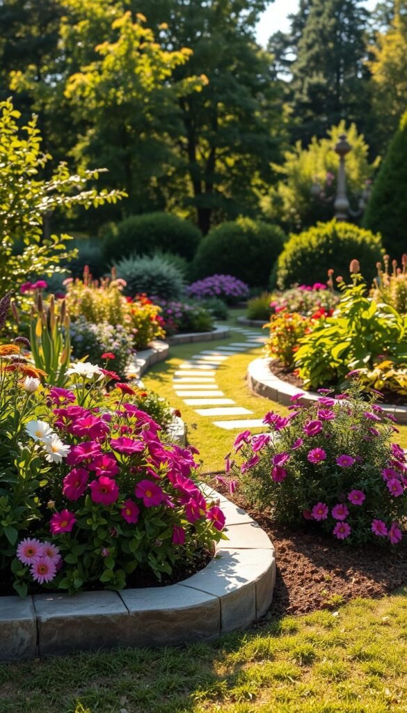 A serene garden landscape with a well-defined border showcasing the benefits of edging. In the foreground, lush flowers and plants overflow gently over a clean, crisp edging made of natural stone. The middle ground features a meandering pathway framed by the edging, inviting exploration. Warm, diffused sunlight filters through the foliage, casting soft shadows and highlighting the texture of the materials. The background depicts a backdrop of verdant trees and shrubs, creating a sense of depth and tranquility. The overall scene conveys a harmonious balance between the cultivated and the natural, underscoring how thoughtful edging can elevate the beauty and structure of a flower garden.
