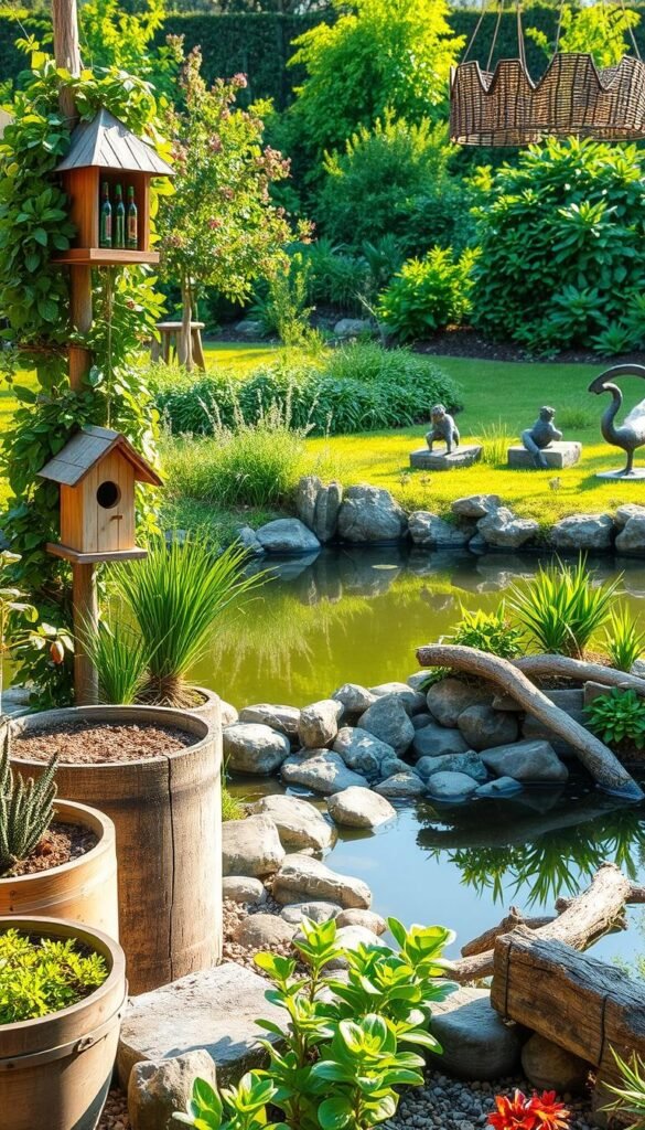 A serene garden oasis, bathed in warm, natural light. In the foreground, an assortment of repurposed materials - weathered wooden planters, a rustic birdhouse crafted from upcycled materials, and a vibrant vertical garden made from recycled bottles. In the middle ground, a tranquil pond edged with river rocks and driftwood, its surface reflecting the verdant foliage around it. The background showcases a lush, verdant landscape, with carefully placed recycled metal sculptures and hanging baskets woven from reclaimed textiles. The overall atmosphere is one of harmony and sustainability, where nature and repurposed materials coexist in a beautiful, eco-friendly garden design.