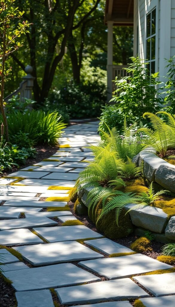 A serene garden path winds through a tranquil landscape, its natural stone pavers seamlessly blending with the surroundings. Dappled sunlight filters through the lush foliage, casting soft shadows across the weathered stones. Verdant ferns and mosses cling to the crevices, adding a touch of organic charm. The path leads the eye deeper into the garden, inviting exploration and a sense of peaceful contemplation. Subtle textures and earthy tones create a harmonious visual symphony, reflecting the architectural style of the nearby home. This natural hardscape feature effortlessly complements the verdant landscape, providing a captivating and visually striking focal point.