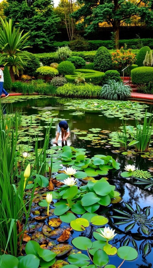 A serene garden pond with a lush, vibrant ecosystem. In the foreground, a diverse array of aquatic plants, including water lilies, cattails, and floating ferns, create a natural, harmonious balance. The middle ground showcases a gentle flow of water, reflecting the surrounding landscape and softly lapping against the pond's edge. In the background, a verdant, well-manicured garden complements the pond, with carefully selected trees and shrubs providing a sense of depth and tranquility. The scene is illuminated by warm, natural lighting, casting a calming glow and highlighting the pond's natural beauty. The overall composition conveys a sense of balance, serenity, and integration with the surrounding landscape design.