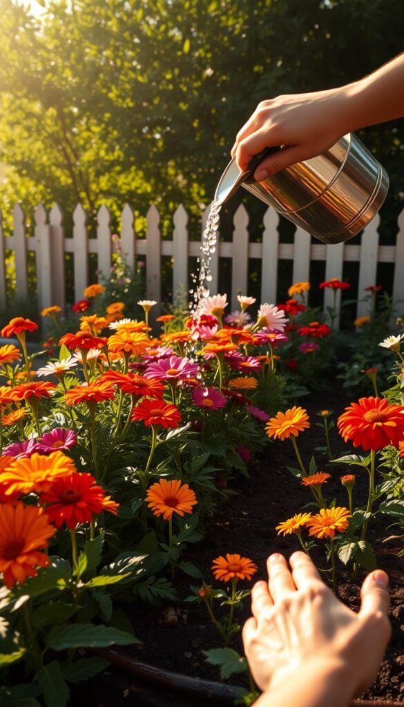 A serene garden scene in warm, golden afternoon light. In the foreground, a person's hands gently watering a lush, thriving flower bed, water droplets glistening on the petals. The middle ground features an array of vibrant, blooming cottage flowers - marigolds, zinnias, cosmos, and more. In the background, a picket fence and a verdant, leafy backdrop create a cozy, pastoral atmosphere. The lighting is soft and diffused, casting long shadows and highlighting the organic textures of the soil, foliage, and blooms. An overall sense of tranquility, care, and seasonal abundance pervades the scene.