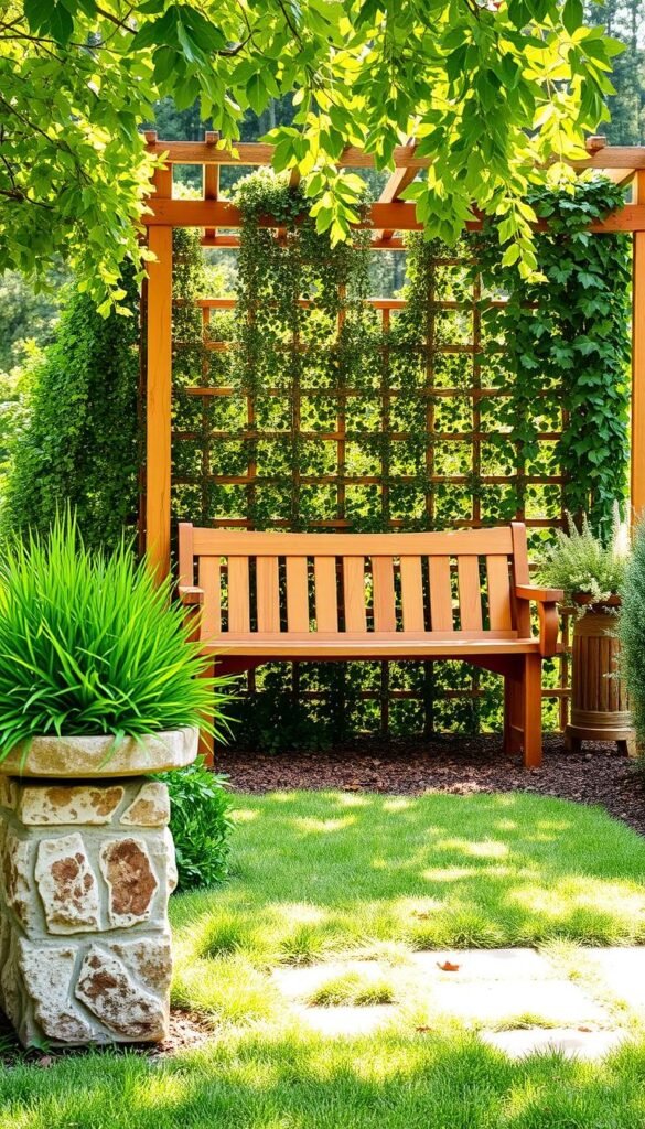 A serene garden setting with a focal point of weathered stone and natural cedar wood accents. In the foreground, a pair of chunky stone planters hold vibrant greenery, their rough textures contrasting the smooth, sanded cedar pedestals they rest upon. In the middle ground, a low cedar bench invites relaxation, its grain and subtle knots catching the dappled sunlight filtering through a canopy of lush foliage. The background features a wooden trellis adorned with cascading vines, creating a sense of depth and lush, verdant tranquility. Warm, golden hues bathe the scene, evoking a calming, earthy ambiance perfect for this garden design feature.