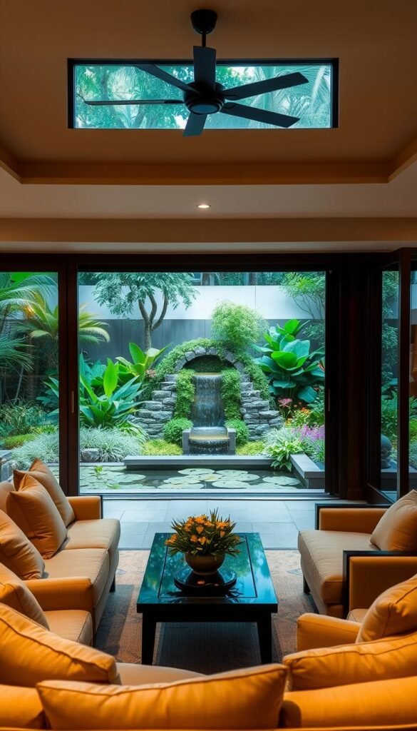 A serene indoor-outdoor living space with seamless transitions. In the foreground, a well-appointed sitting area with plush furniture, including a cozy sofa and armchairs. Large windows and sliding glass doors open to a lush, verdant garden in the middle ground, allowing natural light to flood the space. The background features a tranquil water feature, such as a pond or a small waterfall, surrounded by vibrant greenery and flowering plants. The lighting is soft and diffused, creating a warm, inviting atmosphere. The overall scene conveys a harmonious blend of the indoors and outdoors, inviting relaxation and a sense of connection with nature.