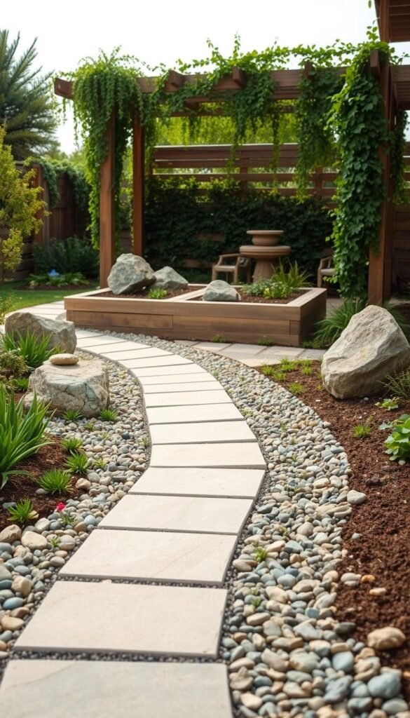 A serene outdoor scene showcasing various eco-friendly hardscaping materials. In the foreground, a path winds through a lush garden, paved with natural stone pavers in neutral tones. Bordering the path, a mixture of smooth river rocks and pebbles create a visually textured surface. In the middle ground, raised garden beds made of reclaimed timber planks are accented with strategically placed boulders. Towards the background, a wooden pergola or trellis covered in trailing vines casts gentle shadows, complementing the organic, earthy palette. The lighting is soft and diffused, creating a calming, natural ambiance. The overall composition emphasizes the harmonious integration of durable, sustainable materials within a thriving, verdant landscape.