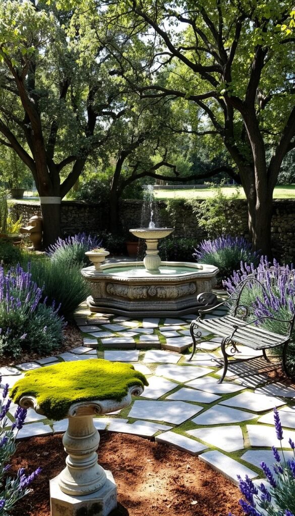 A serene stone fountain nestled in a lush French cottage garden, surrounded by fragrant lavender, rosemary, and weathered stone pathways. Dappled sunlight filters through a canopy of mature trees, casting gentle shadows on the bubbling water feature. In the foreground, a mossy birdbath invites feathered visitors, while in the middle ground, a decorative iron bench offers a tranquil spot to admire the timeless scene. The overall atmosphere is one of understated elegance, evoking the charm and tranquility of a centuries-old Provençal oasis.