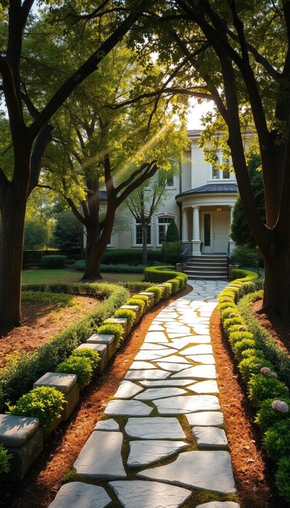 A serene stone pathway winds through a lush, well-manicured garden, its natural textures and earthy tones complementing the elegant, timeless architecture of the home. Sunlight filters through the canopy of mature trees, casting a warm, inviting glow across the scene. The pathway leads the eye towards the home's entryway, where the architectural details are accentuated by the surrounding landscape. Carefully placed shrubbery and flowers border the pathway, adding pops of color and softening the edges. The overall composition creates a harmonious, tranquil atmosphere, where the home and its garden exist in perfect balance.