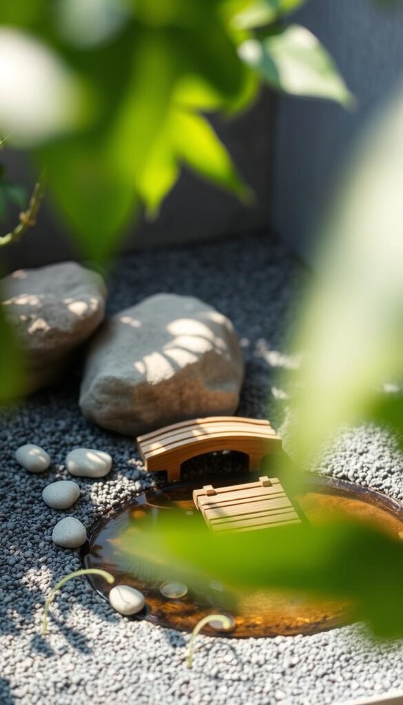 A serene zen garden setup with a small rock arrangement, a few carefully placed pebbles, and a miniature wooden bridge over a shallow pond. Soft natural lighting filters through the framing leaves, casting gentle shadows. The scene exudes a sense of tranquility and mindfulness, inviting the viewer to pause and reflect. The composition is balanced, with the foreground elements guiding the eye towards the peaceful center. This image will perfectly capture the essence of a meditative garden design.
